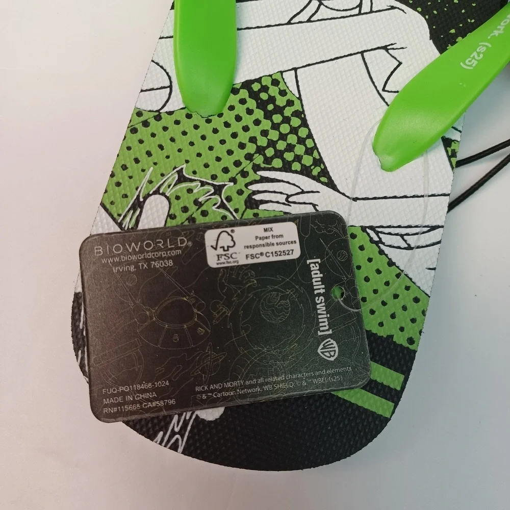 Rick and Morty Graphic Flip Flops Neon Green Men's Size 7 Bioworld‎